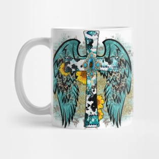 Turquoise Cross With Wings and Blue and Gold Background Mug